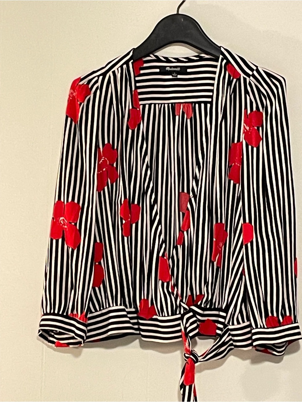 Madewell Black & White Striped Wrap Top with Red Floral Print. Item #11558